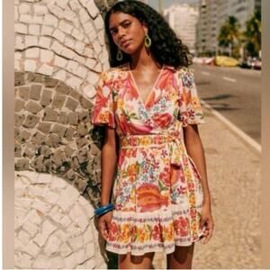 Sezane Floral Wrap Midi Dress in White with Pink, Orange and Yellow Print